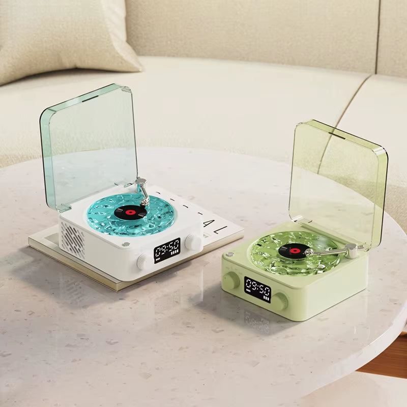 Retro Vinyl Small Wireless Bluetooth Speaker with Tf Card Aux Portable Vintage Music Player with Turntable White Noise Speaker