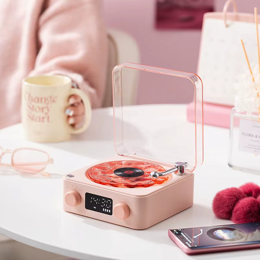 Retro Vinyl Small Wireless Bluetooth Speaker with Tf Card Aux Portable Vintage Music Player with Turntable White Noise Speaker