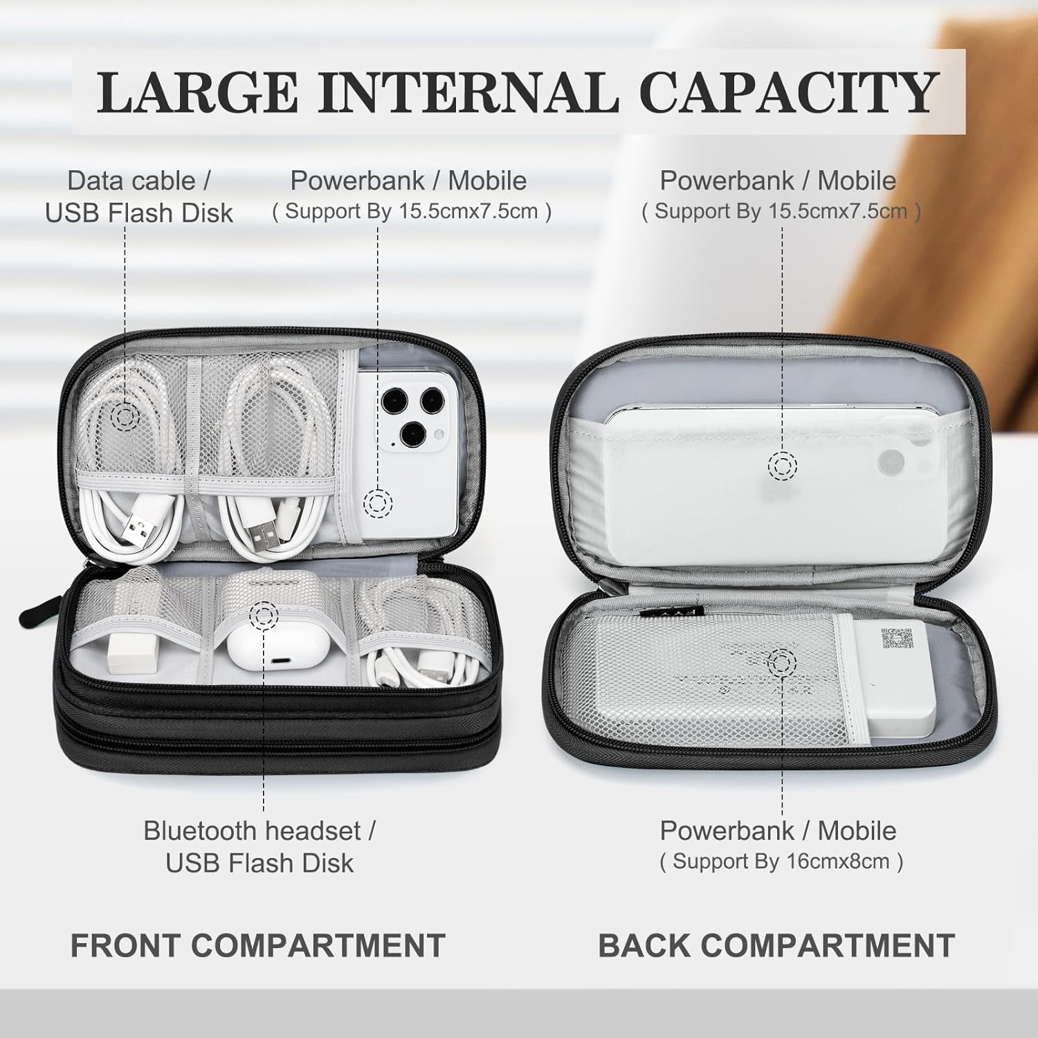 Travel Cable Organizer Pouch Electronic Accessories Carry Case Portable Waterproof Double Layers All-In-One Storage Bag for Cord, Charger, Phone, Earphone Black