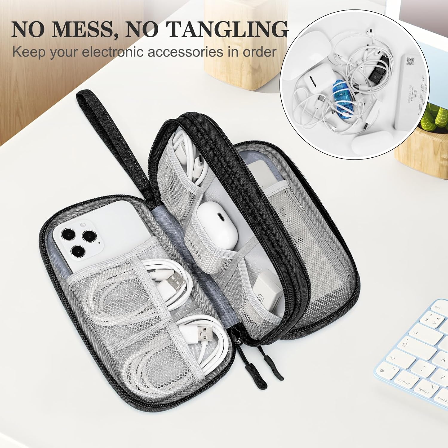 Travel Cable Organizer Pouch Electronic Accessories Carry Case Portable Waterproof Double Layers All-In-One Storage Bag for Cord, Charger, Phone, Earphone Black