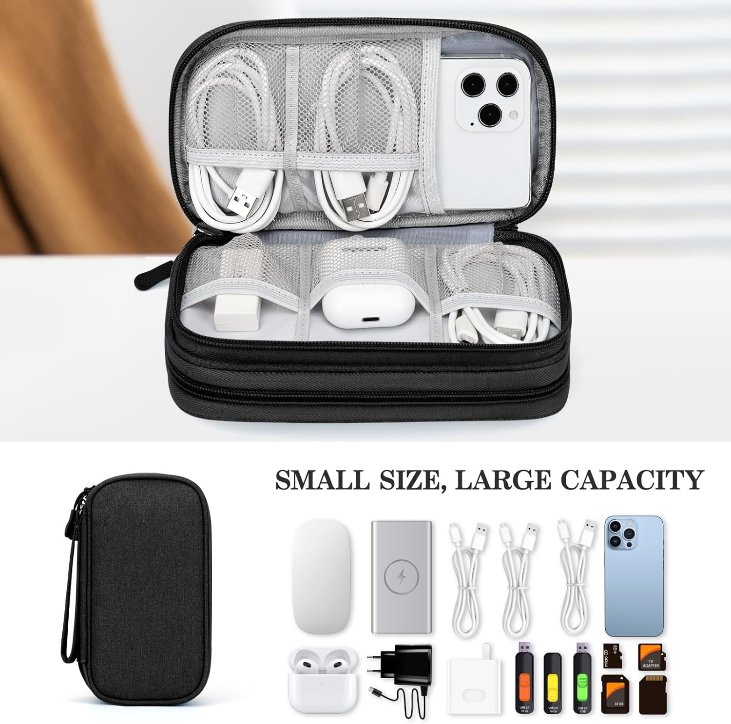 Travel Cable Organizer Pouch Electronic Accessories Carry Case Portable Waterproof Double Layers All-In-One Storage Bag for Cord, Charger, Phone, Earphone Black