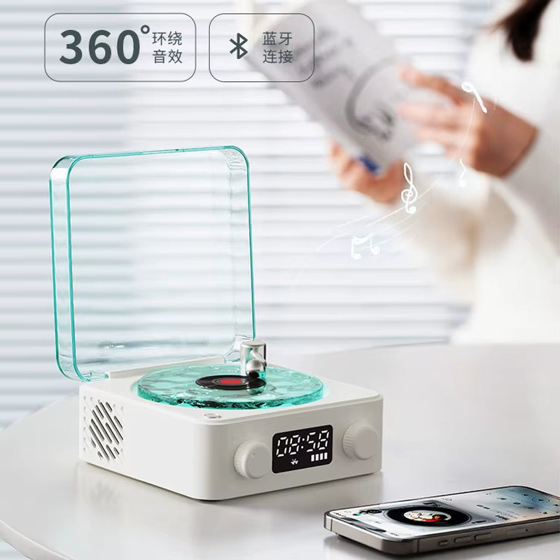 Retro Vinyl Small Wireless Bluetooth Speaker with Tf Card Aux Portable Vintage Music Player with Turntable White Noise Speaker